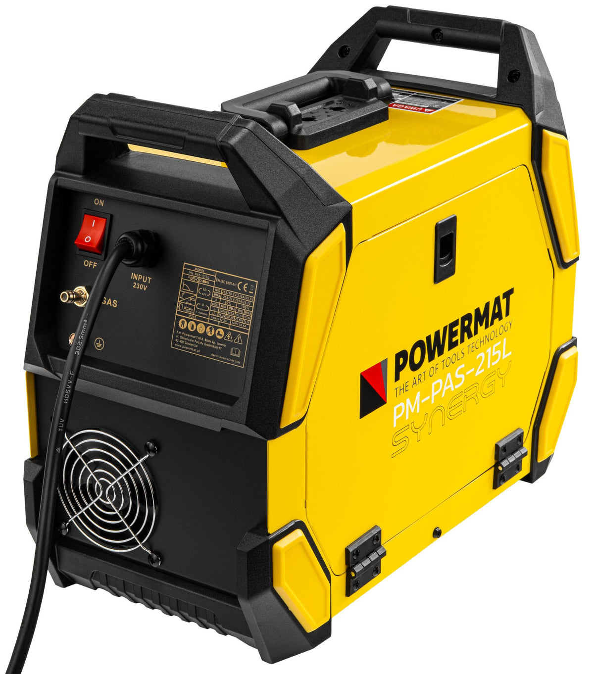 Sveiseapparat Powermat PM-PAS-215L sett skrått bakfra med strømbryter, nettkabel og kjølevifte