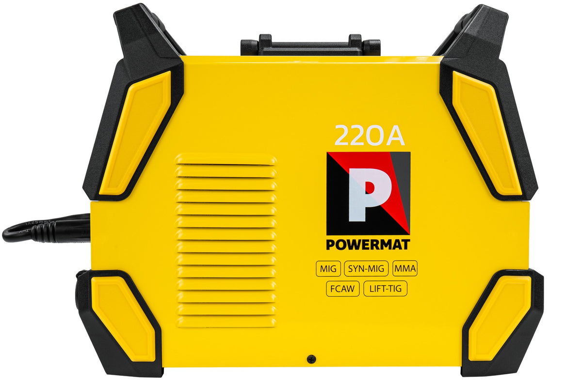 Sveiseapparat Powermat 220A sett fra siden med ventilasjonsrist, bærehåndtak og prosessmerking