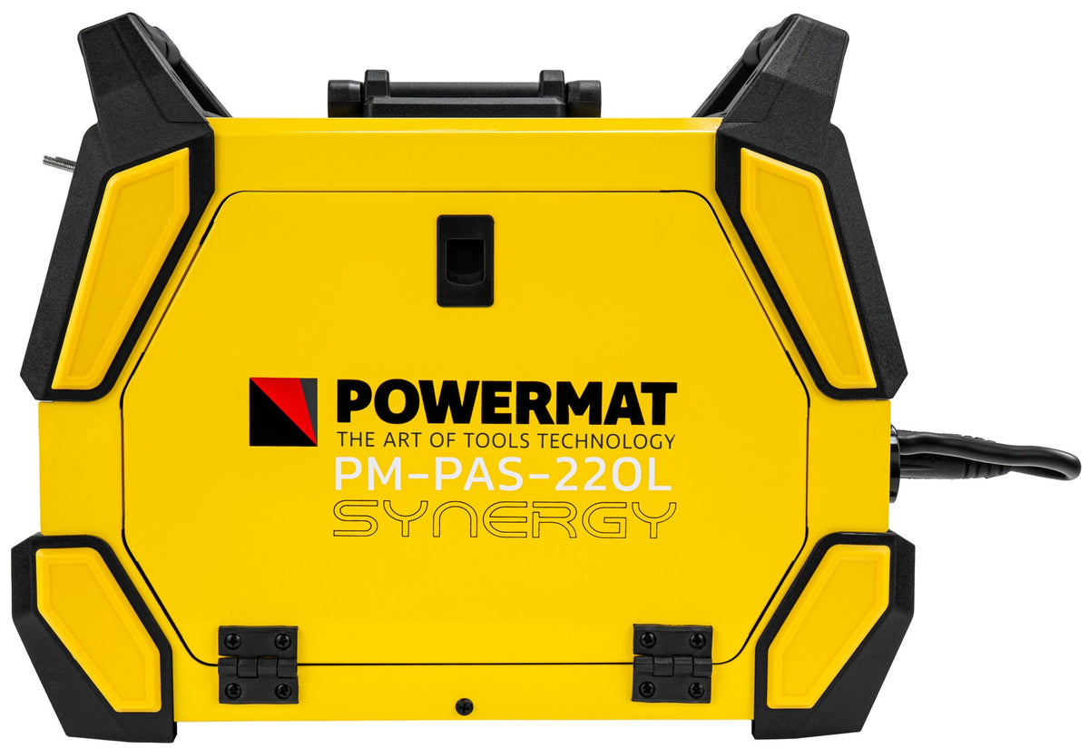 Sveiseapparat Powermat PM-PAS-220L Synergy sett forfra med bærehåndtak og svarte hjørnebeskyttere