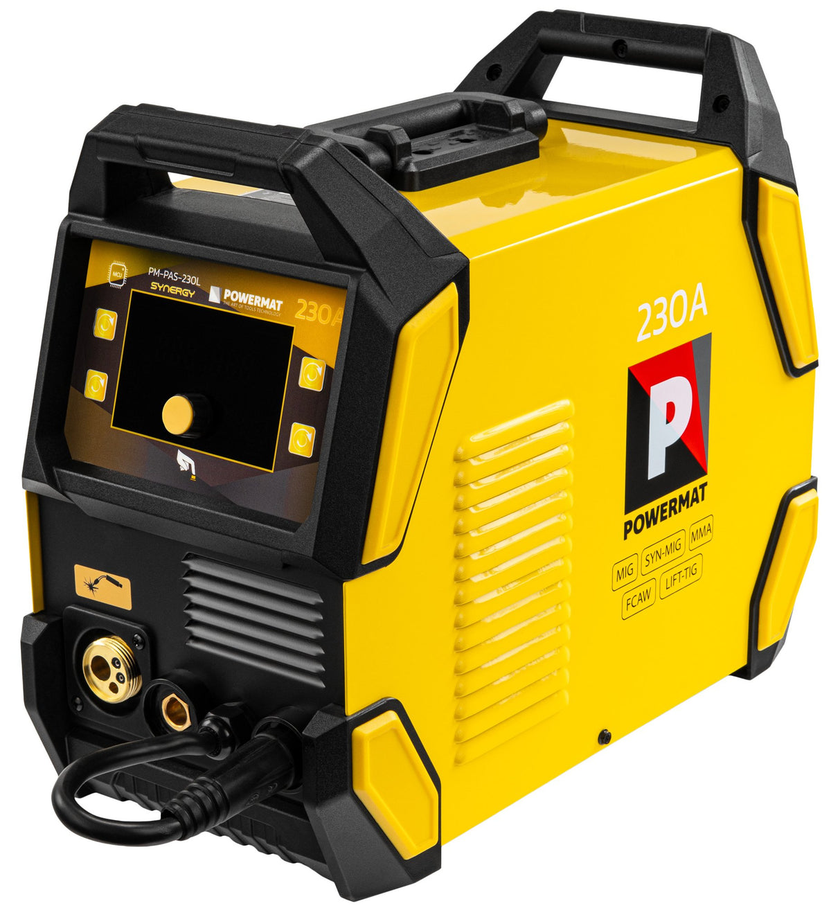 Powermat PM-PAS-230L sveiseapparat sett forfra fra venstre med betjeningspanel og tilkobling for sveisepistol