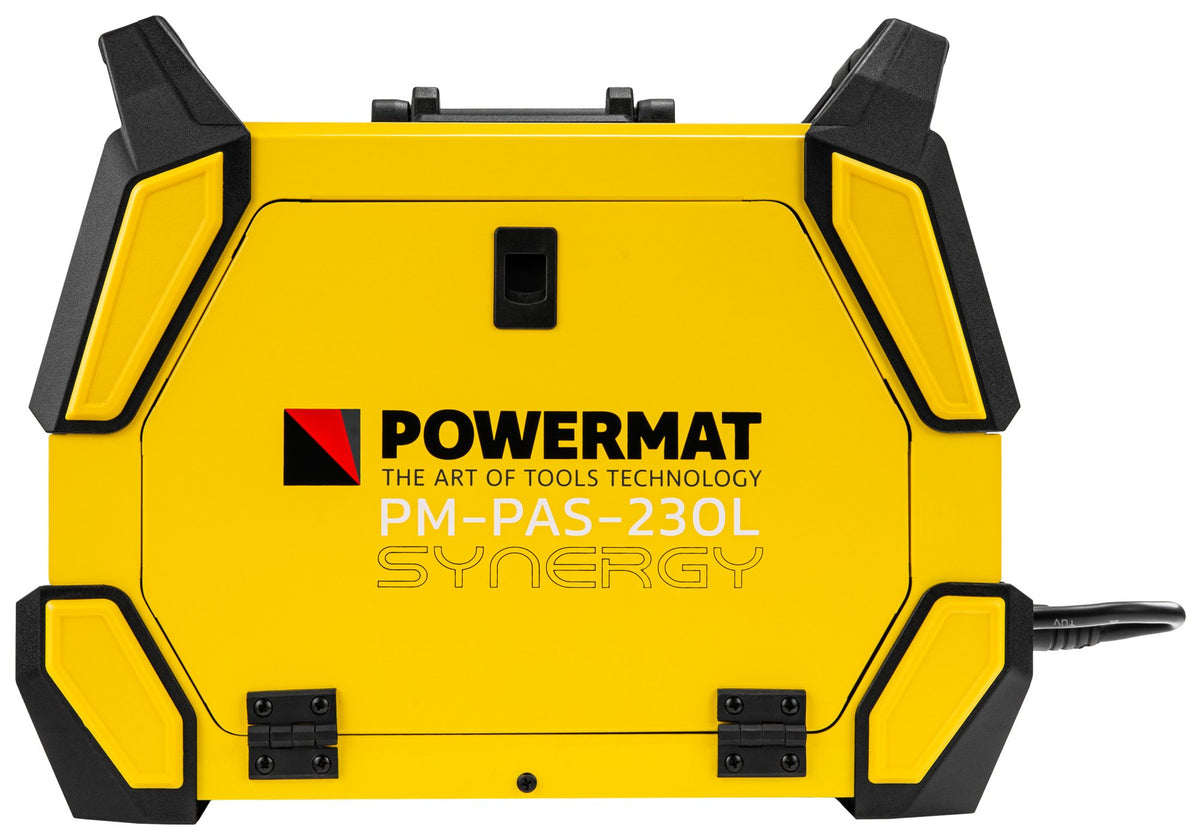 Powermat PM-PAS-230L sveiseapparat sett forfra med logo, modellnavn, håndtak og strømkabel
