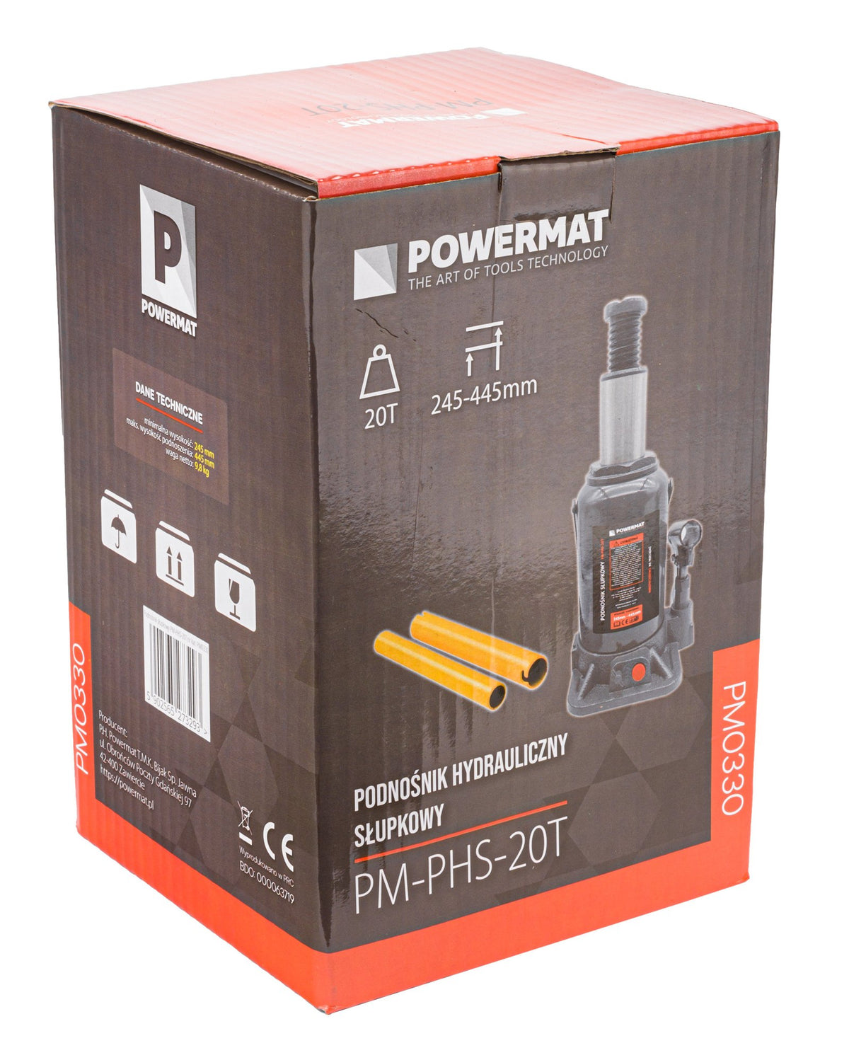 Powermat hydraulisk flaskejekk 20 tonn i produkteske med to gule skruforlengere, vinklet visning