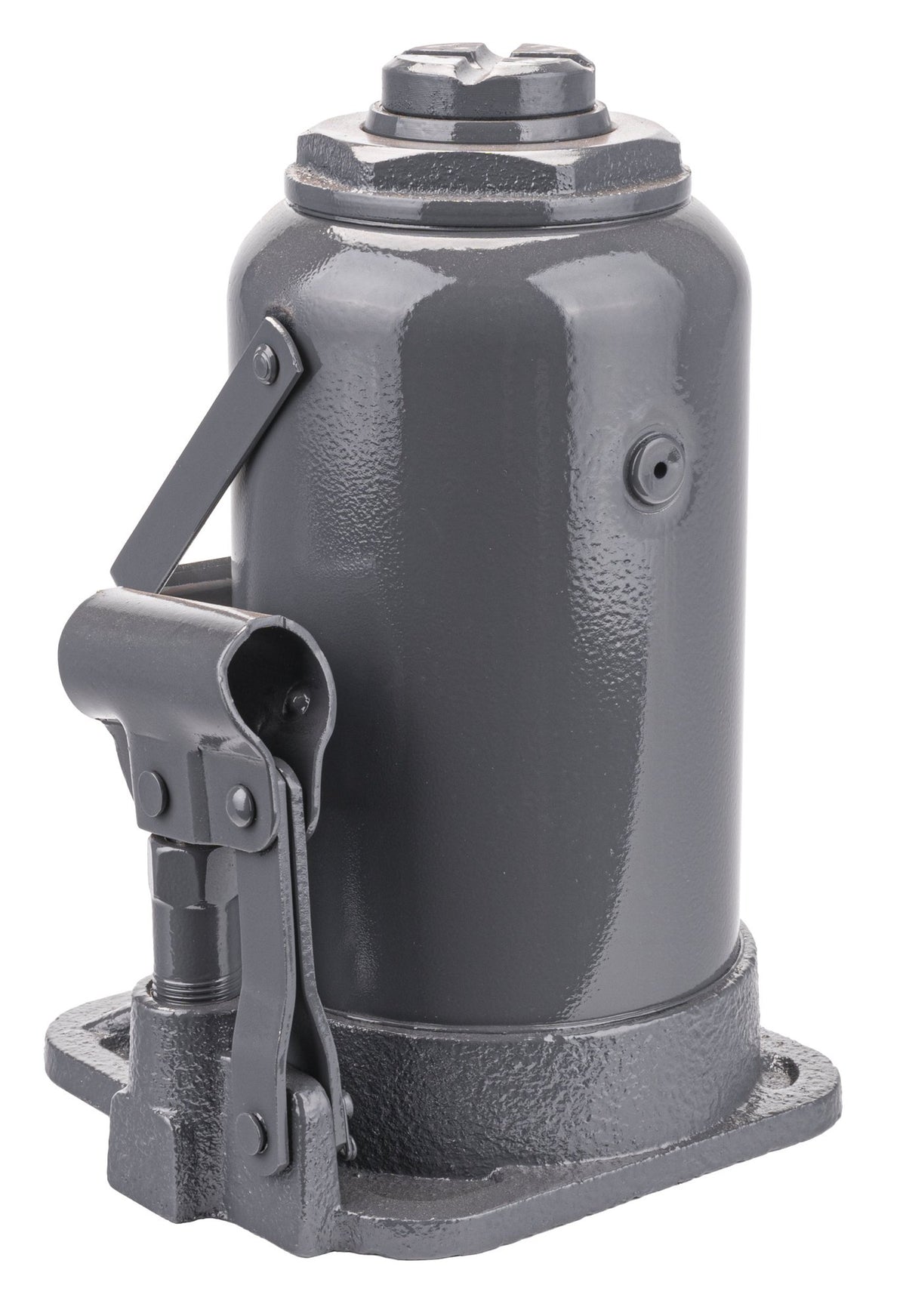 Grå Powermat hydraulisk flaskejekk med pumpespak isolert på hvit bakgrunn