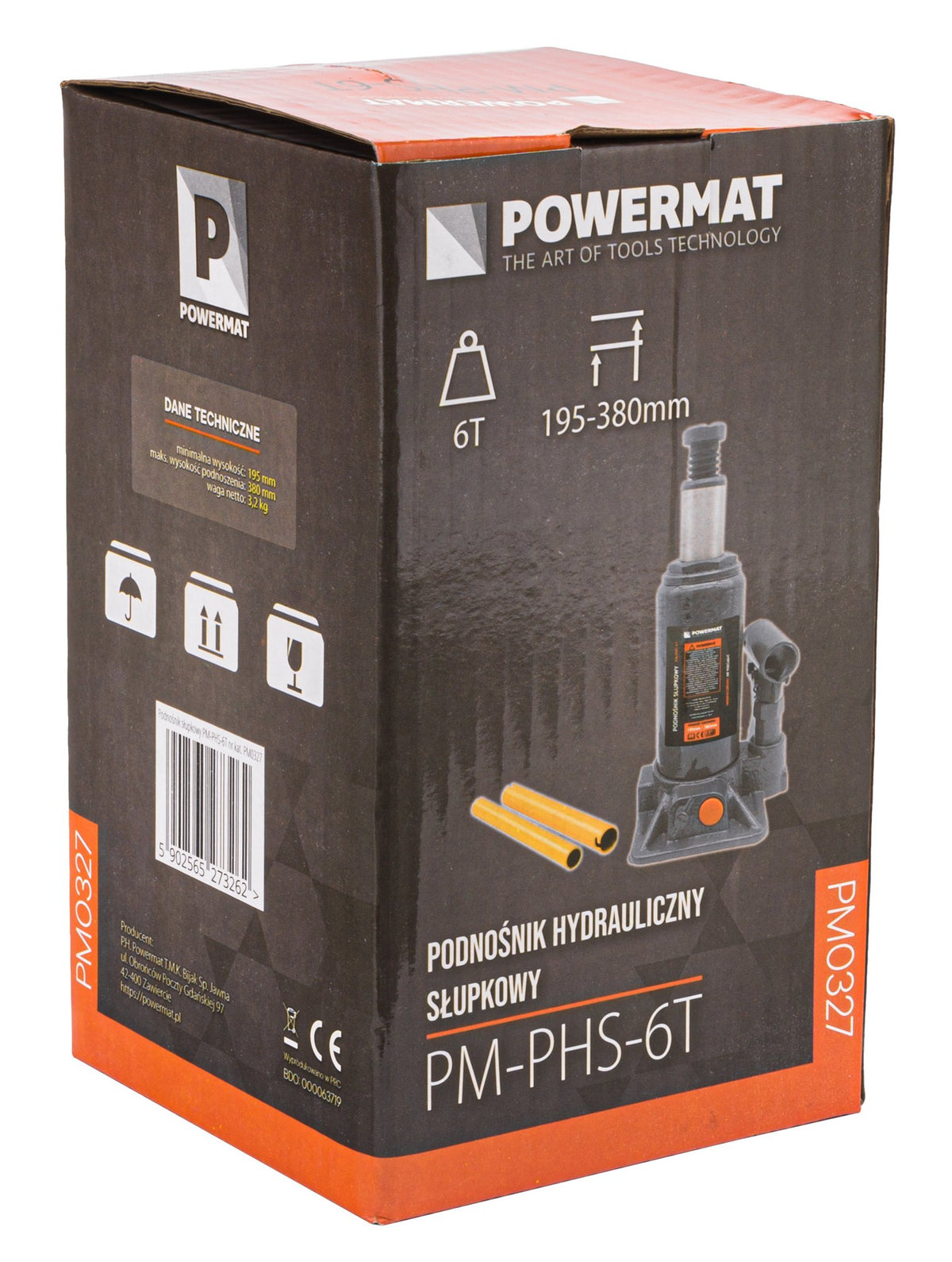 Powermat hydraulisk flaskejekk 6 tonn sett forfra