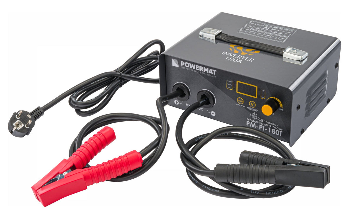 Batterilader Powermat PM-PI-180T med rode og svarte klemkabler, stromkabel og bryter