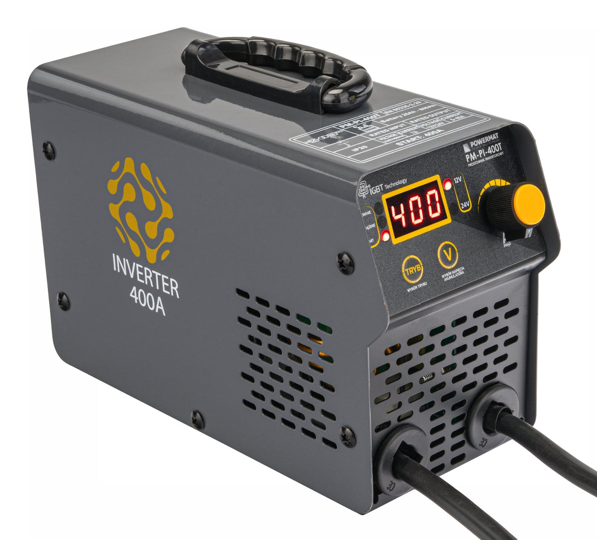 Batterilader Powermat PM-PI-400T sett forfra i vinkel med digitalt display, betjeningsratt og kabeltilkoblinger