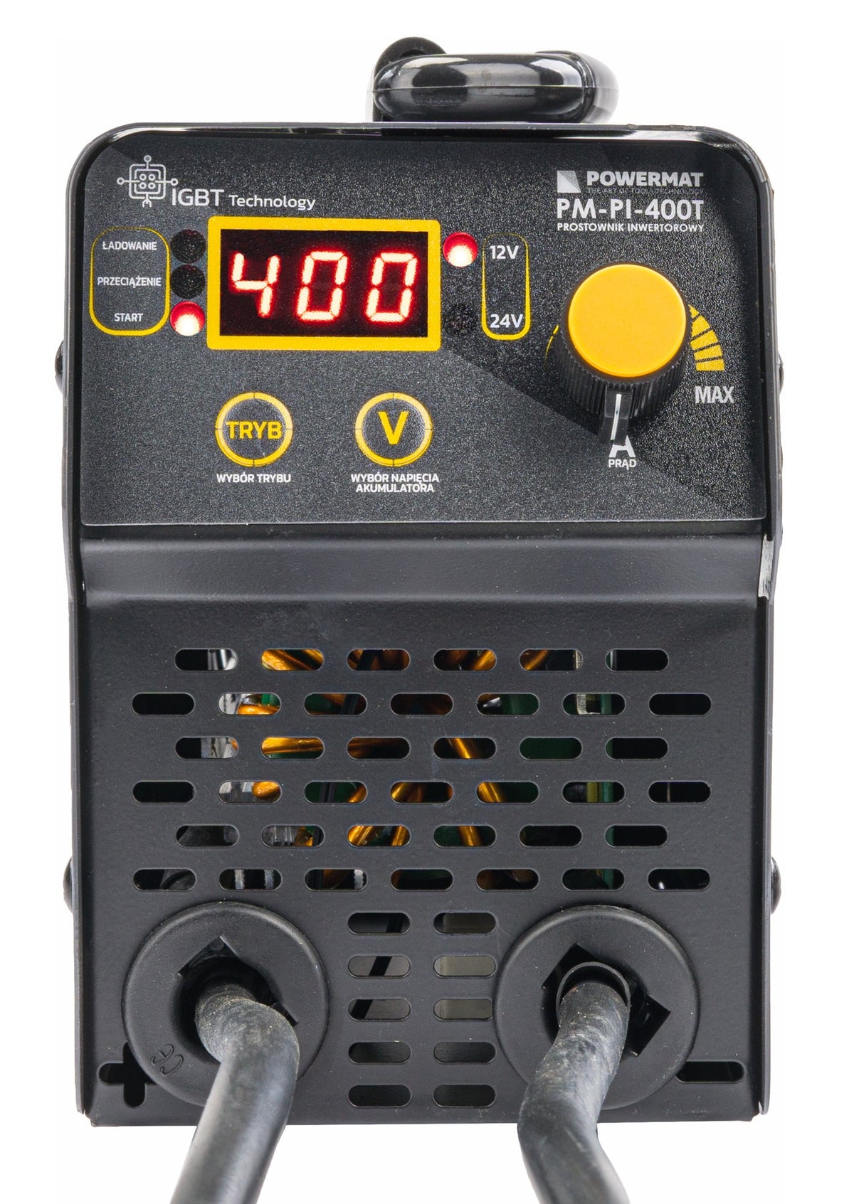 Batterilader Powermat PM-PI-400T forfra med kontrollpanel, digitalt display, ratt og to kabler