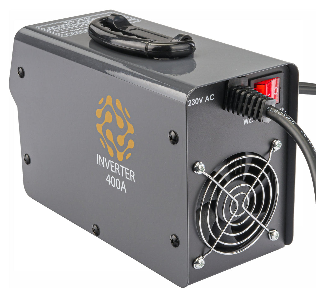 Batterilader Powermat PM-PI-400T sett bakfra med barehandtak, kjolevifte, strombryter og 230 V stromledning
