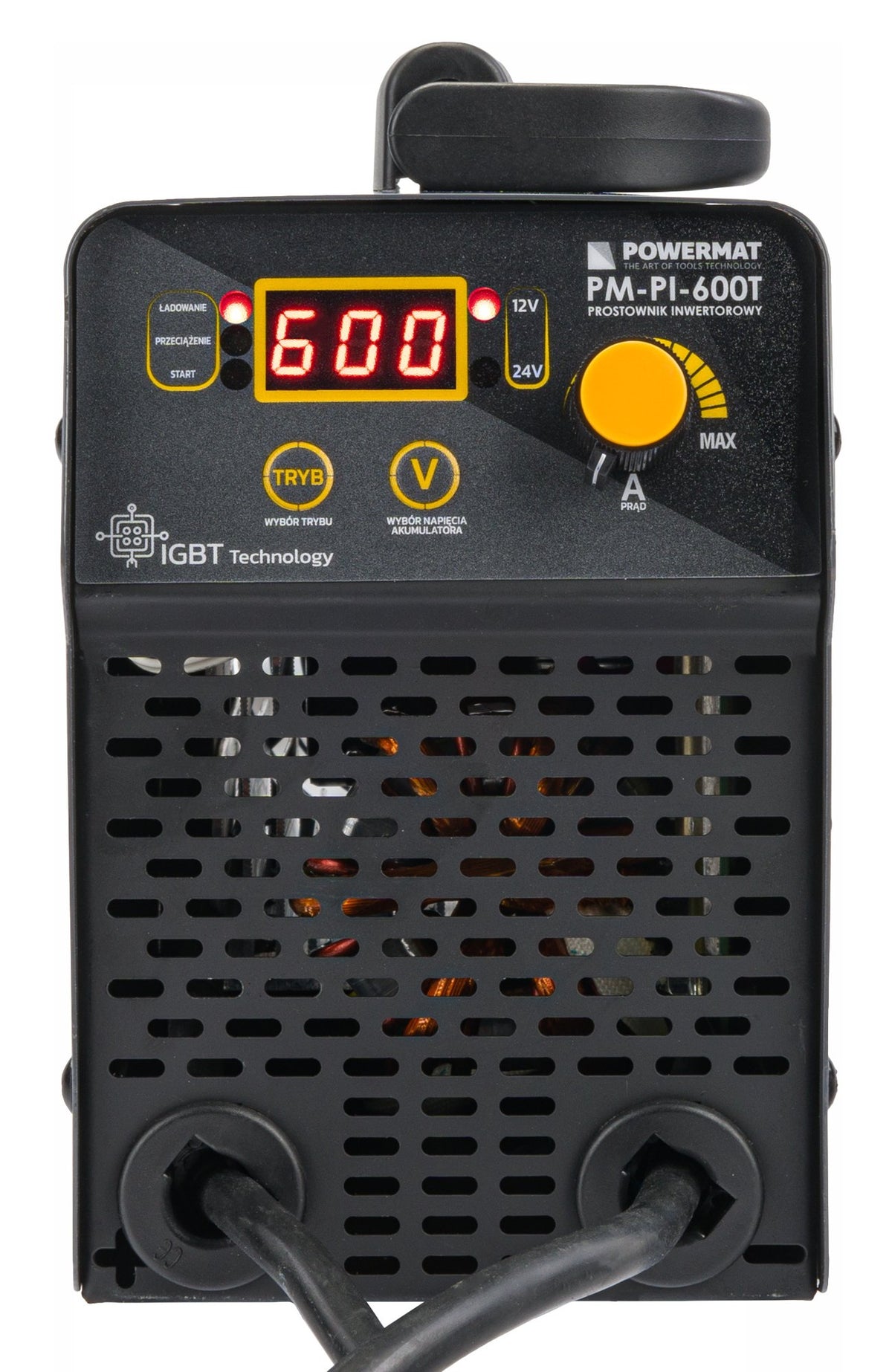 Powermat batterilader sett forfra med display, ratt og tilkoblinger for kabler
