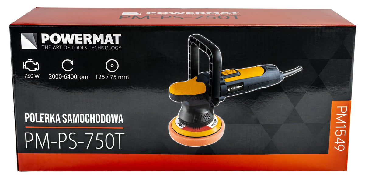 Poleringsmaskin Powermat PM-PS-750T i sort-oransje eske med maskin, oransje pad og kabel