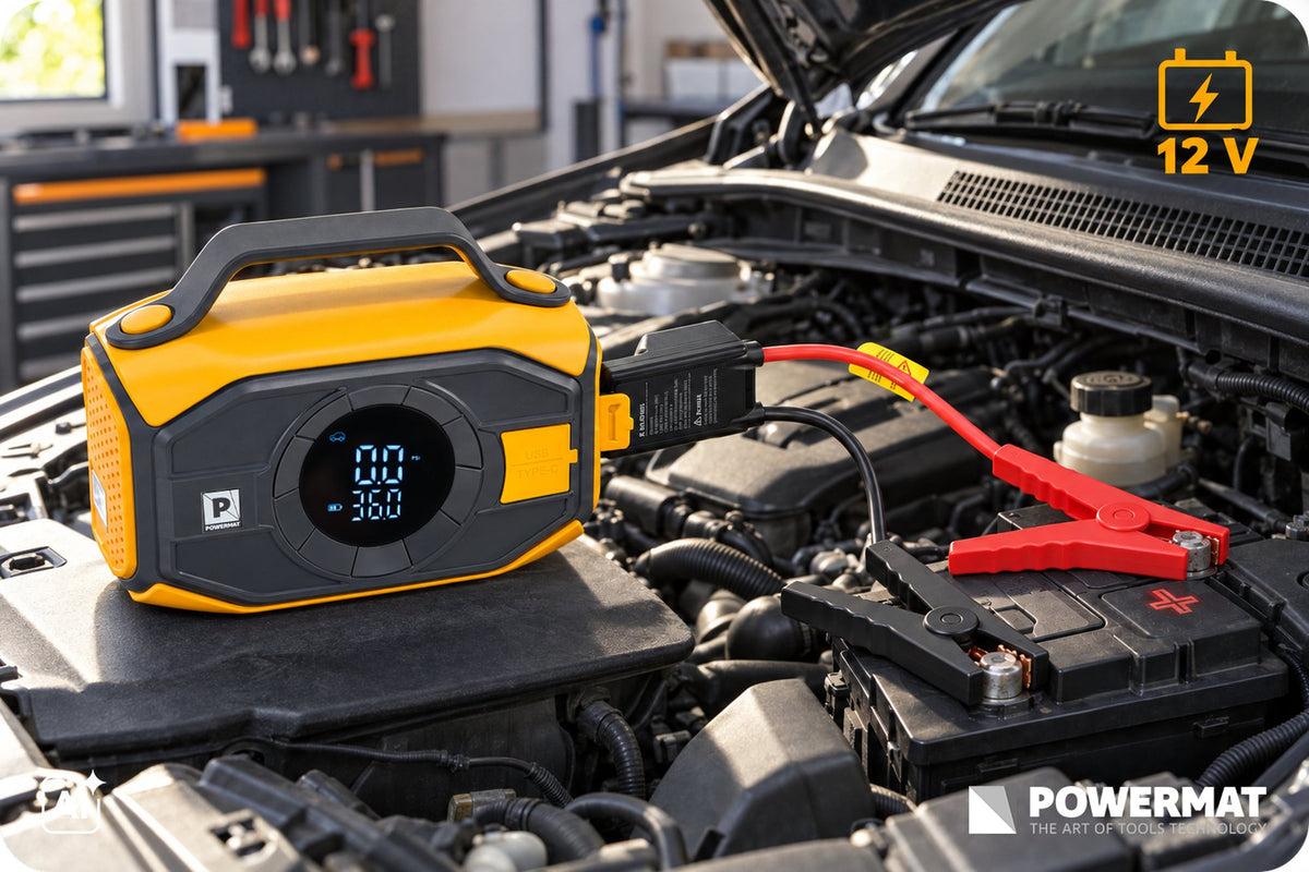 Powermat startbooster PM-URPK-8M sett forfra med digitalt display og knapper