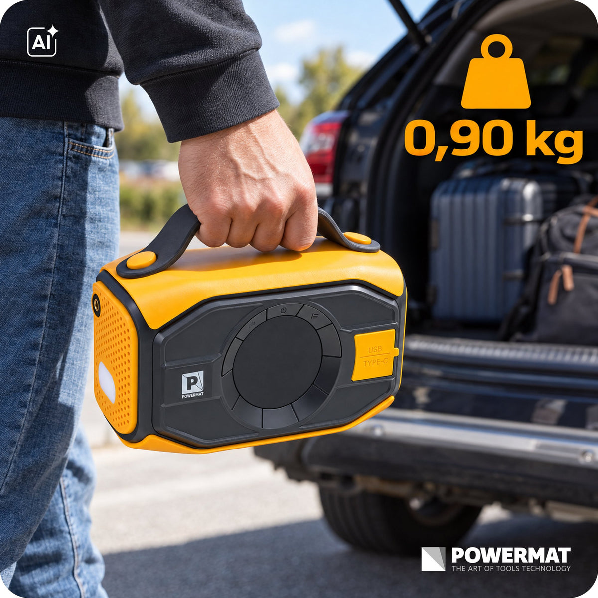 Powermat startbooster bæres i håndtaket ved åpent bagasjerom, med USB-C-port synlig