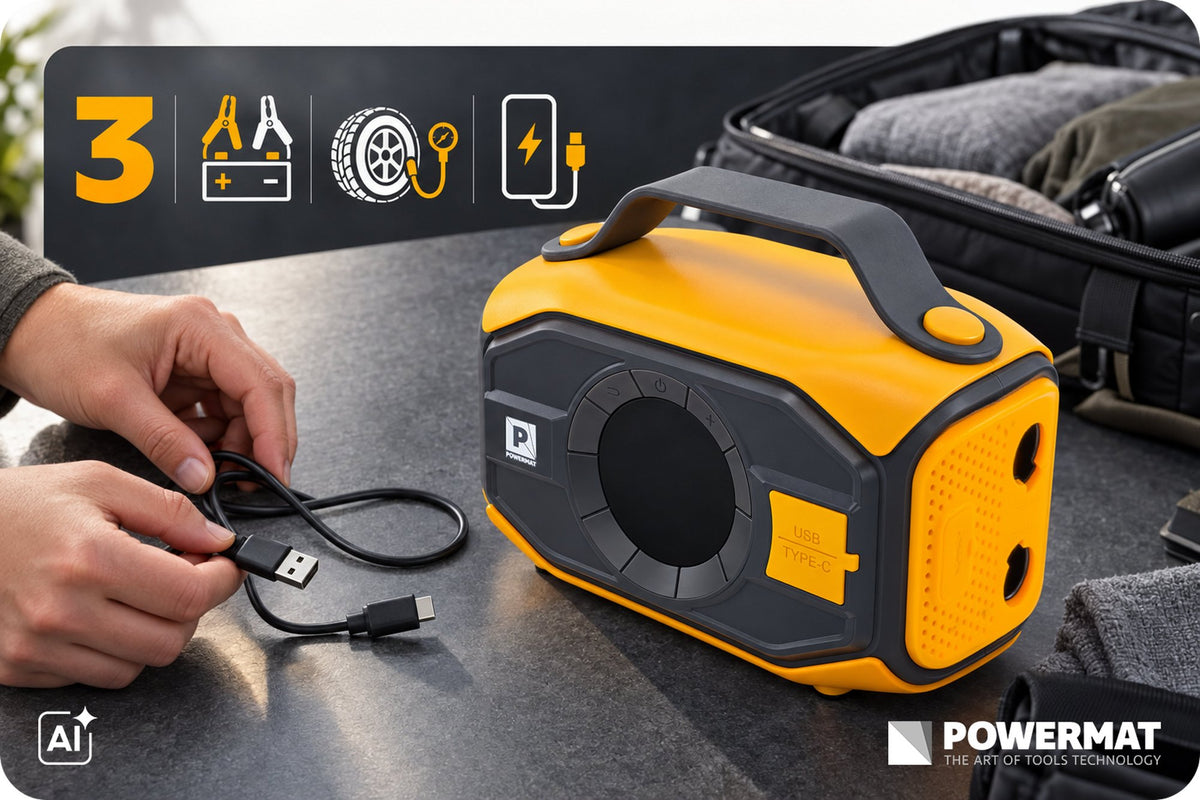 Powermat startbooster med trykkslange, ribbet slange, dyser og USB-kabel i settet