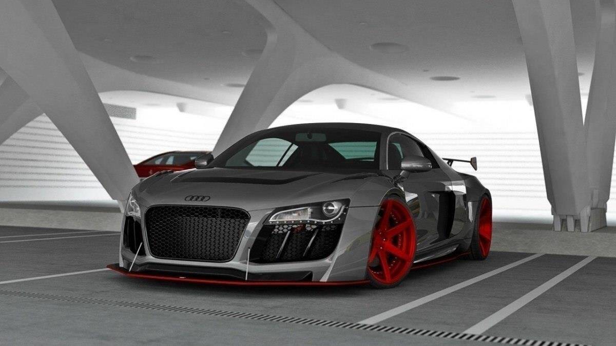 Bodykit til Audi R8 MK1 sett forfra med bredere hjulbuer og aggressiv frontprofil