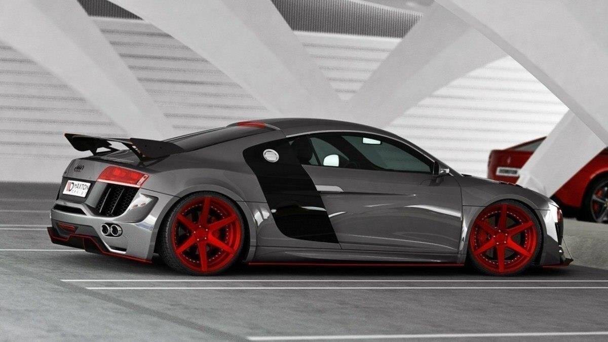 Widebody-sett til Audi R8 MK1 i nærbilde av bakre hjulbueutvidelse i ABS-plast