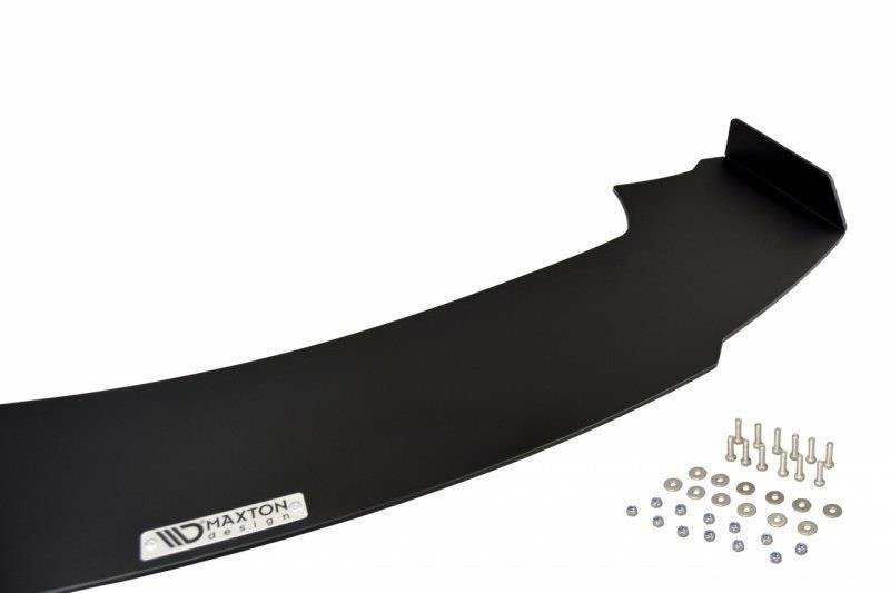 Frontleppe til BMW M3 E36 Coupe 3 M-Pakke, sort matt spoiler med monteringsskruer og metallogo.