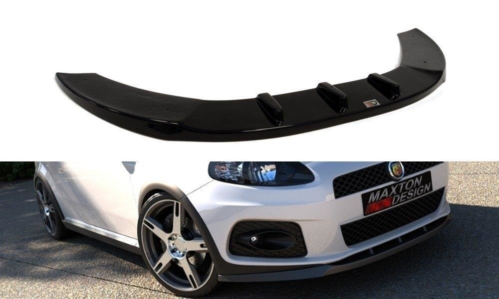 Frontspoiler Fiat Grande Punto Abarth V.1 i sort glossy plast med aerodynamiske kanaler, vist fra flere vinkler.
