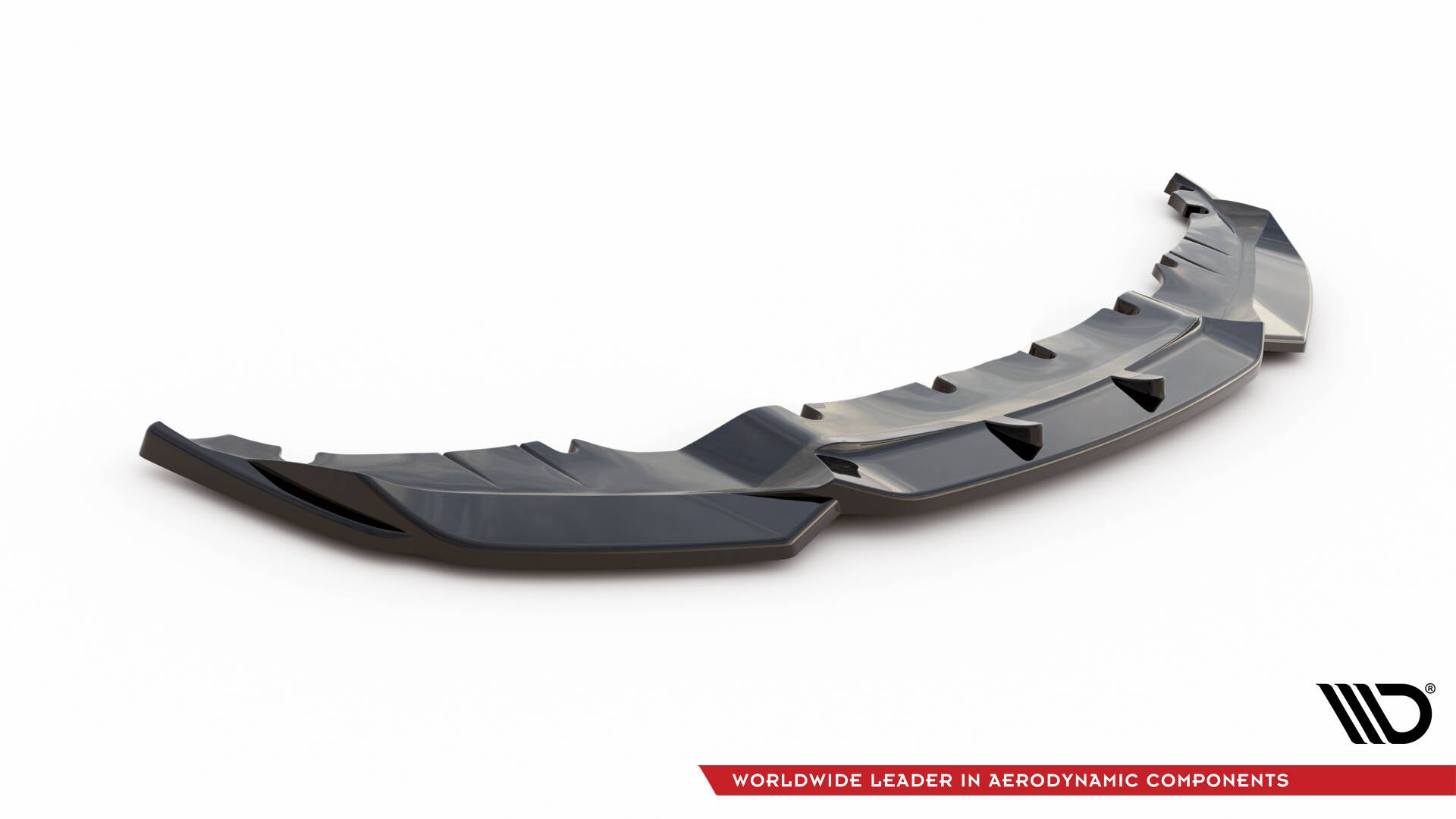 Front splitter for BMW 5 GT F07 M-Pakke i sort glanset plast, skrå vinkel, markerte linjer og vinger.