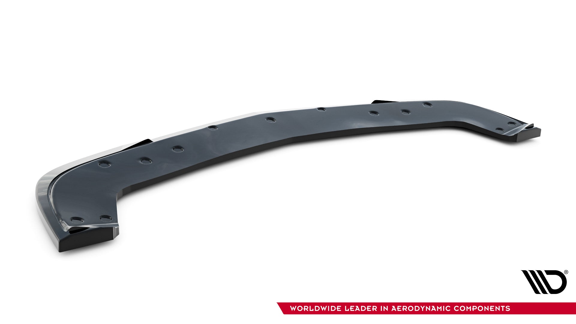 Frontspoiler Dodge Challenger GT MK3 Facelift i sort plast med monteringshull, sett skrått mot hvit bakgrunn.