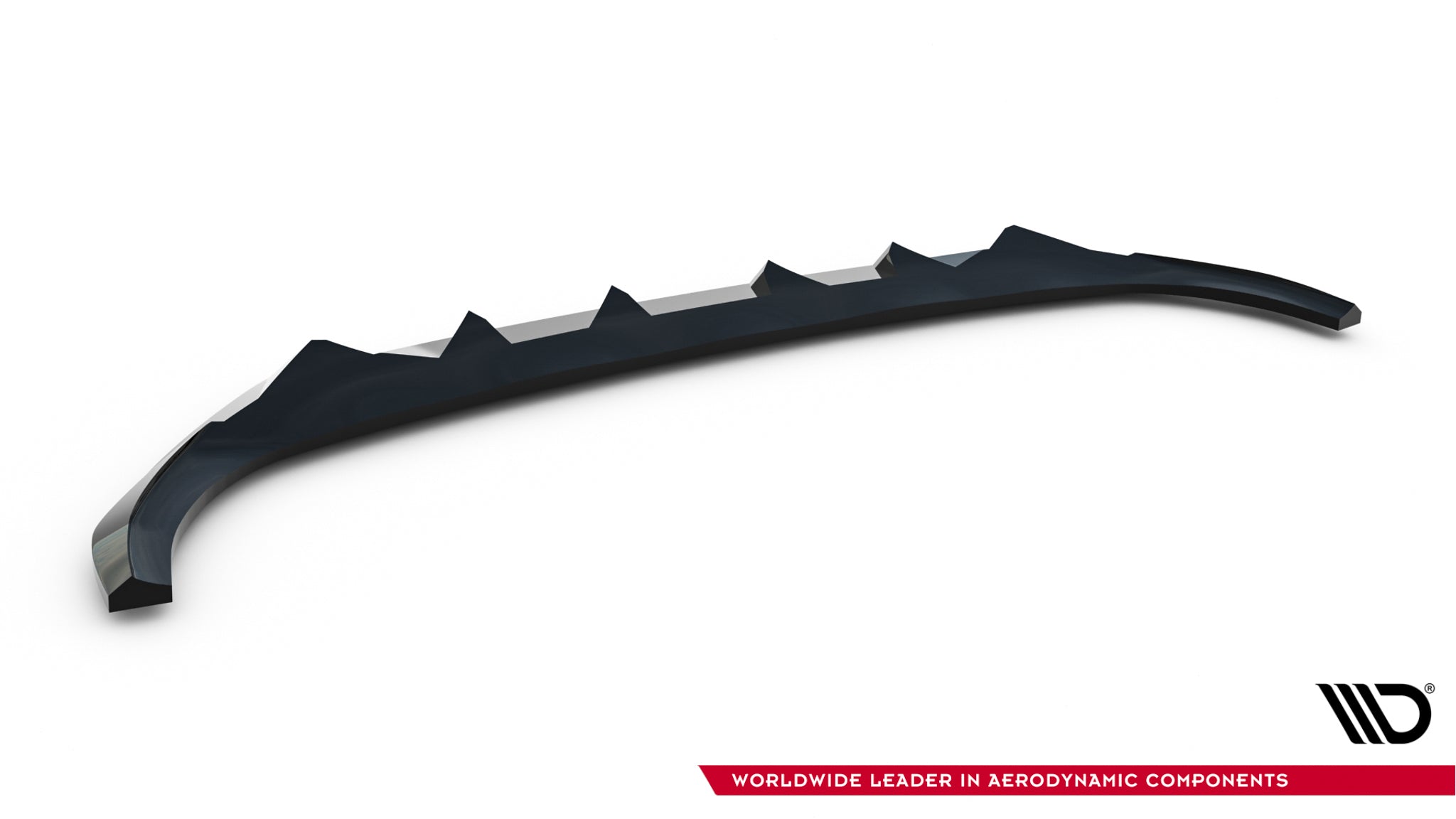 Front lip til Kia Ev6 MK1, sort plast med buet form og markerte vertikale finner, sett skrått ovenfra.