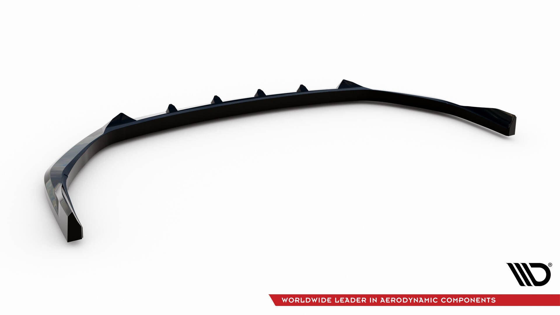 Front splitter til Lexus RX MK4 Facelift, sort med finner og blank overflate, sett fra skrå toppvinkel.