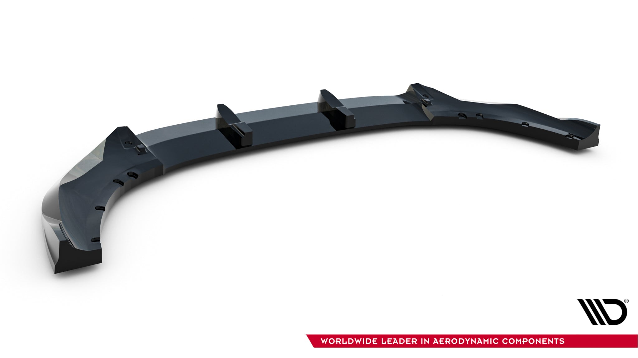 Frontspoiler til MG HS MK1 Facelift, svart buet del med tre fester, fotografert fra skrå vinkel.