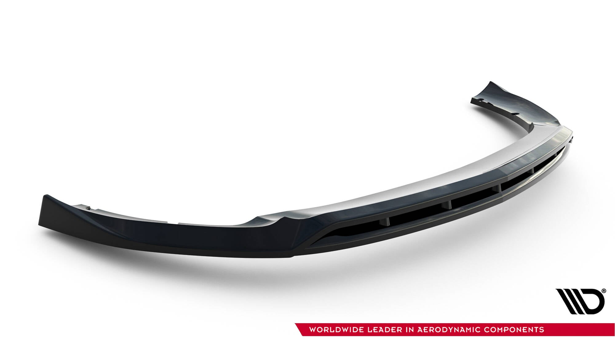 Front splitter til Mercedes CLA 35 Coupe, sort buet plast med markerte linjer og luftekanaler.