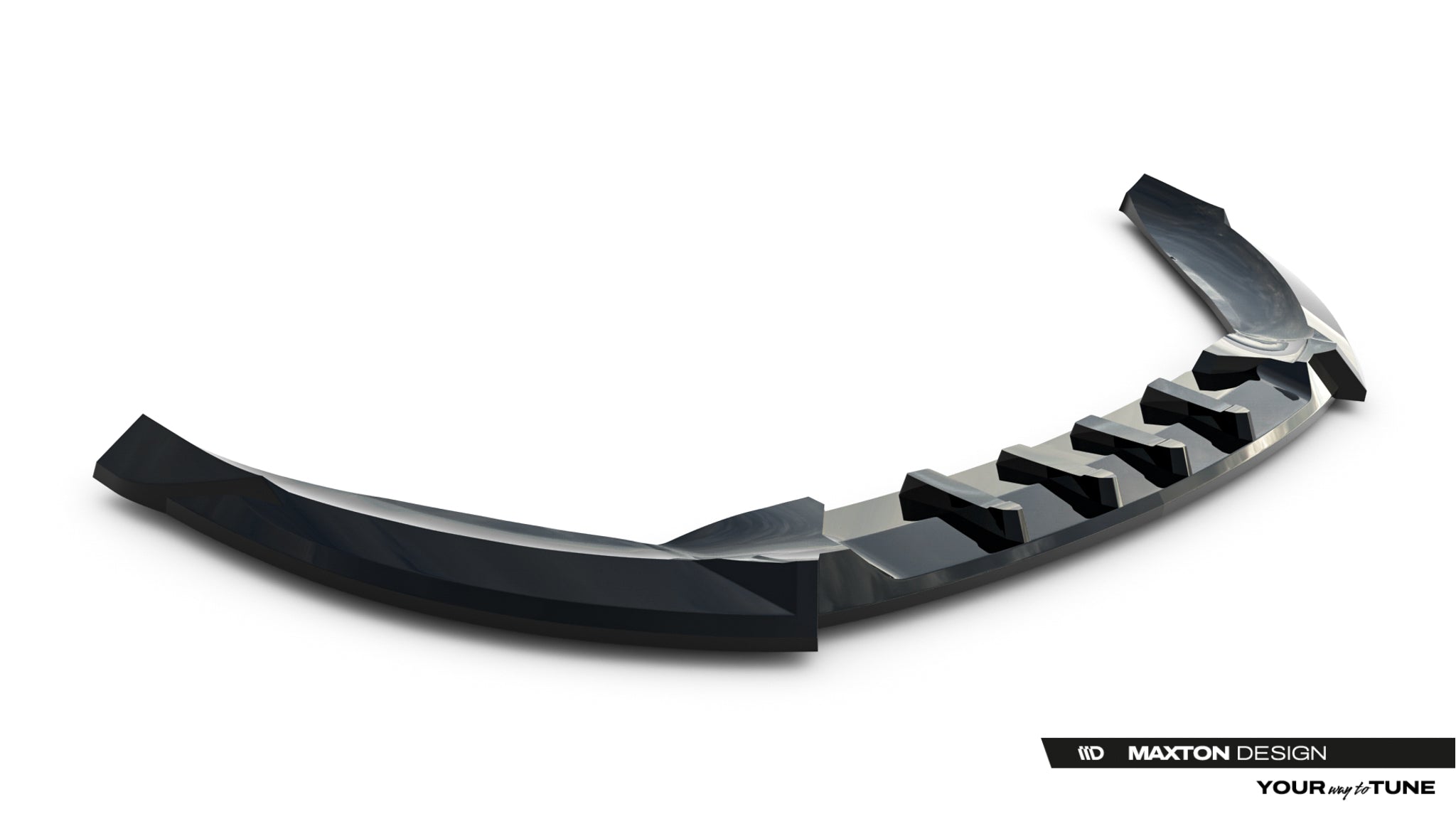 Frontspoiler til Mercedes Gla 45 AMG X156 Facelift med markerte vinger og vertikale finner, sett skrått ovenfra.