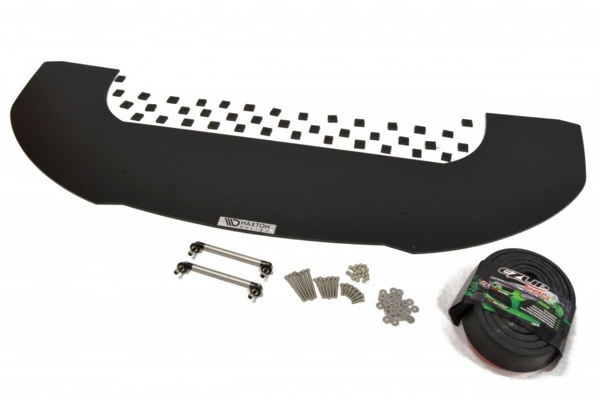 Spoiler til Skoda Fabia RS MK1 Racing sett ovenfra med monteringsutstyr og Maxton Design-logo.