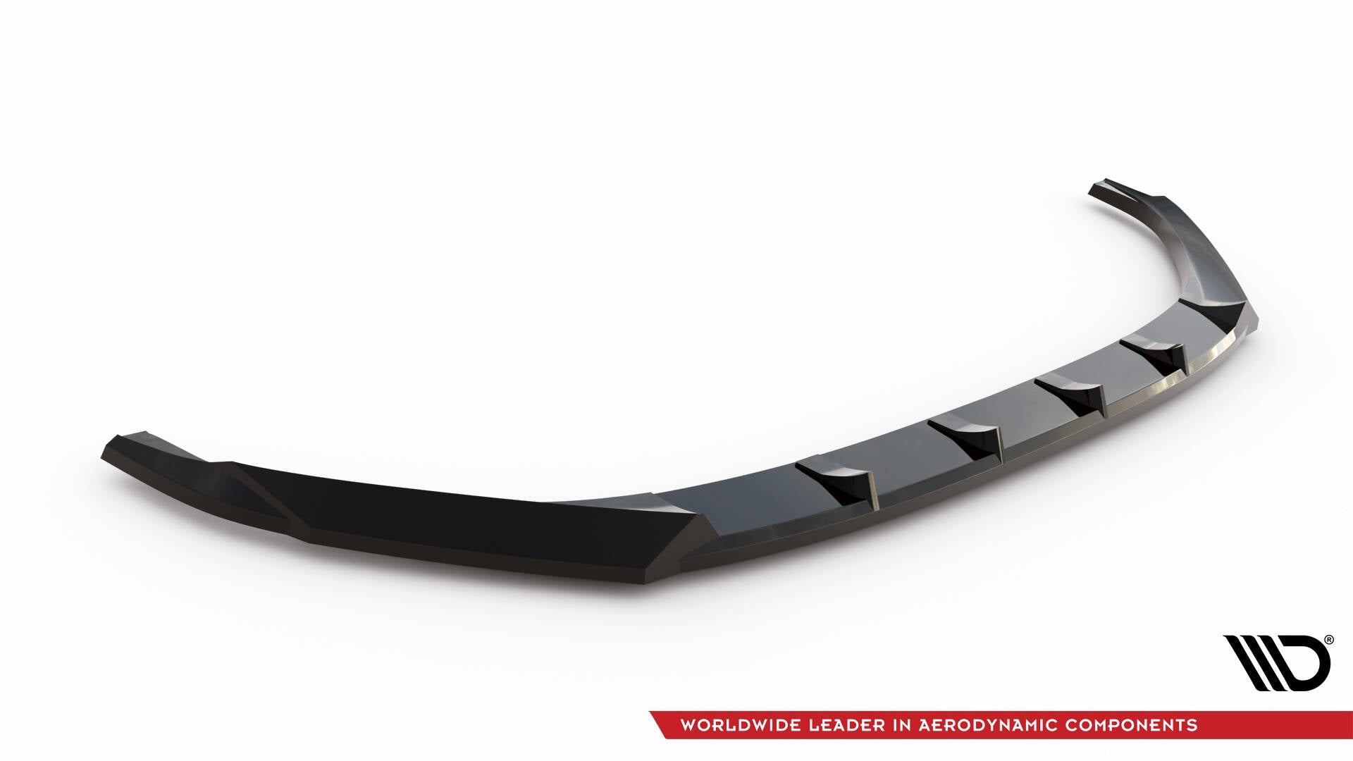 Front splitter til Skoda Enyaq Coupe Iv RS, sort plast med kantete design og markerte vinger, skrå forside.