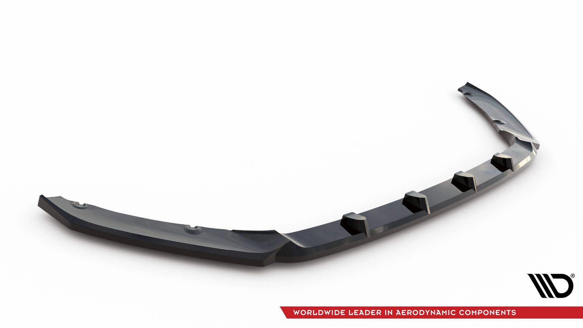 Front splitter til Skoda Fabia Monte Carlo MK4 i svart glanset plast med fire aerodynamiske finner.