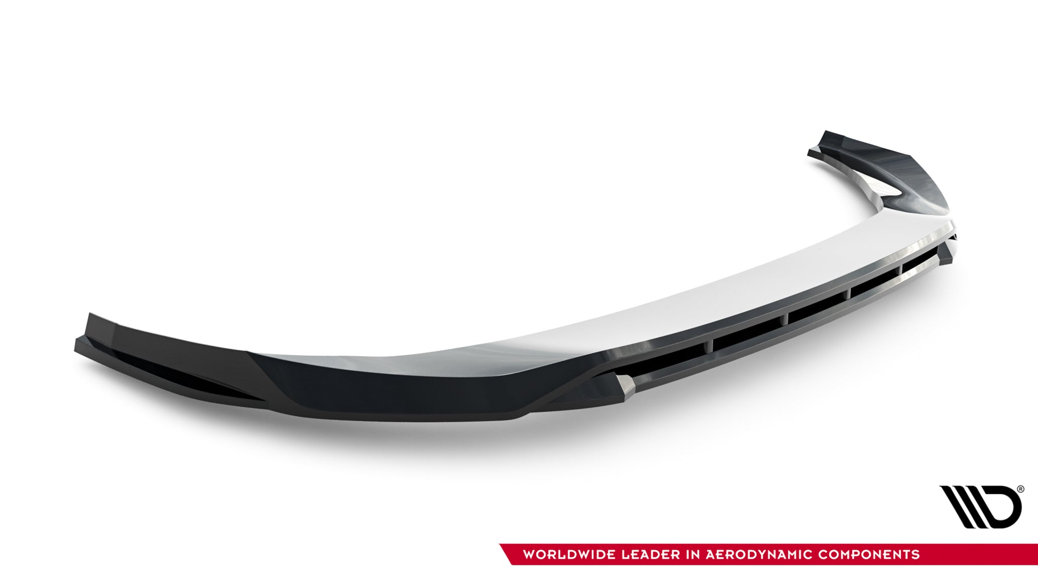 Front lip for Audi A5 S-Line S5 B10 V.1 i sort og hvit plast, skrå forfra med synlige luftspalter.
