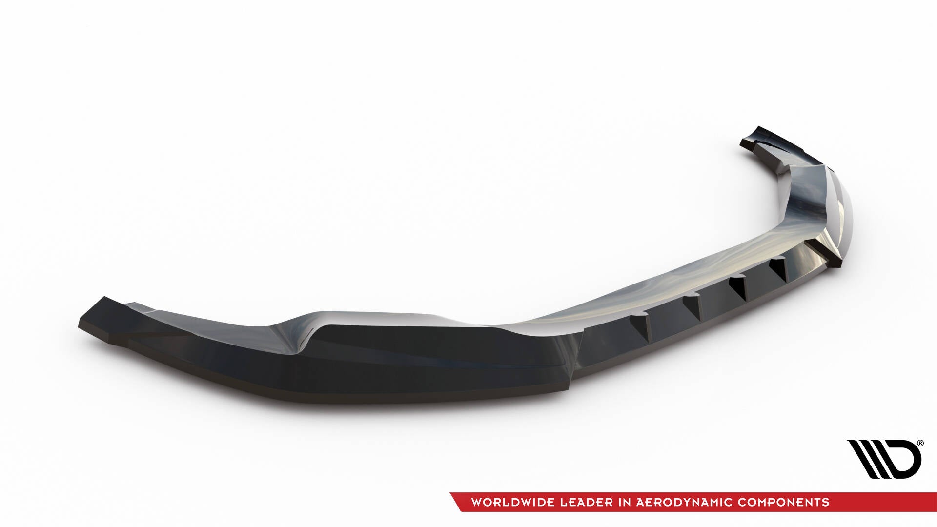 Front splitter til BMW X4 M F98 V.1 i sort, blank finish med kantdetaljer, sett fra skrå vinkel.