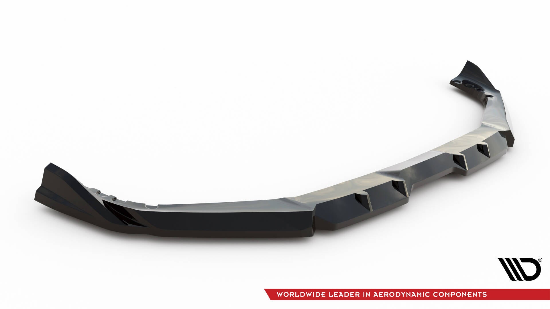 Front splitter til BMW X5 M F95 Facelift V.1 i svart plast med markerte kanter, sett fra fugleperspektiv.