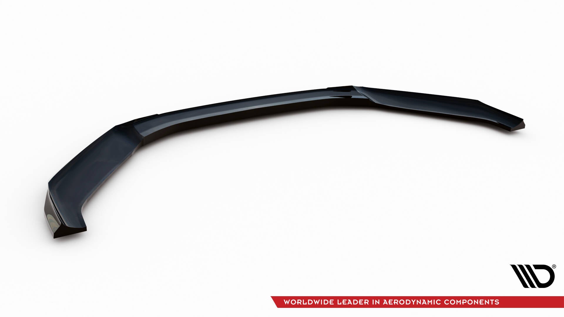 Front lip til Hyundai Veloster N MK2 V.1, svart og blank spoiler med aerodynamisk design mot hvit bakgrunn.