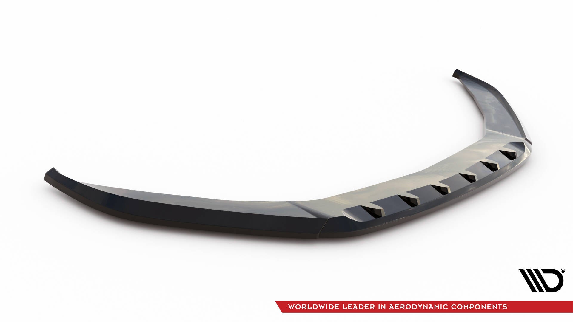 Front splitter for Porsche Panamera E-Hybrid 971, svart buet plast med markerte finner, sett skrått ovenfra.