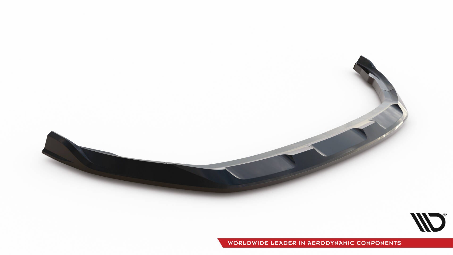 Front splitter Skoda Kamiq Monte Carlo MK1 Facelift i sort, glanset plast sett fra skrå vinkel.