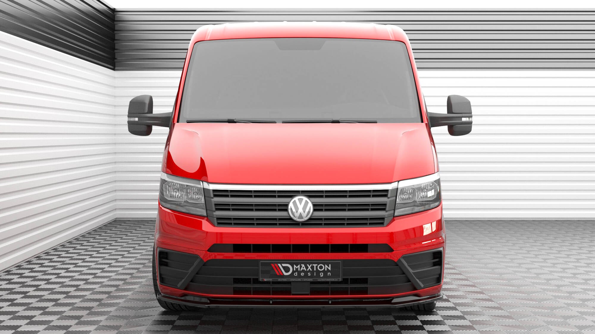 Frontleppe på rød Volkswagen Crafter MK2 sett forfra med bred frontgrill og synlig VW-logo.