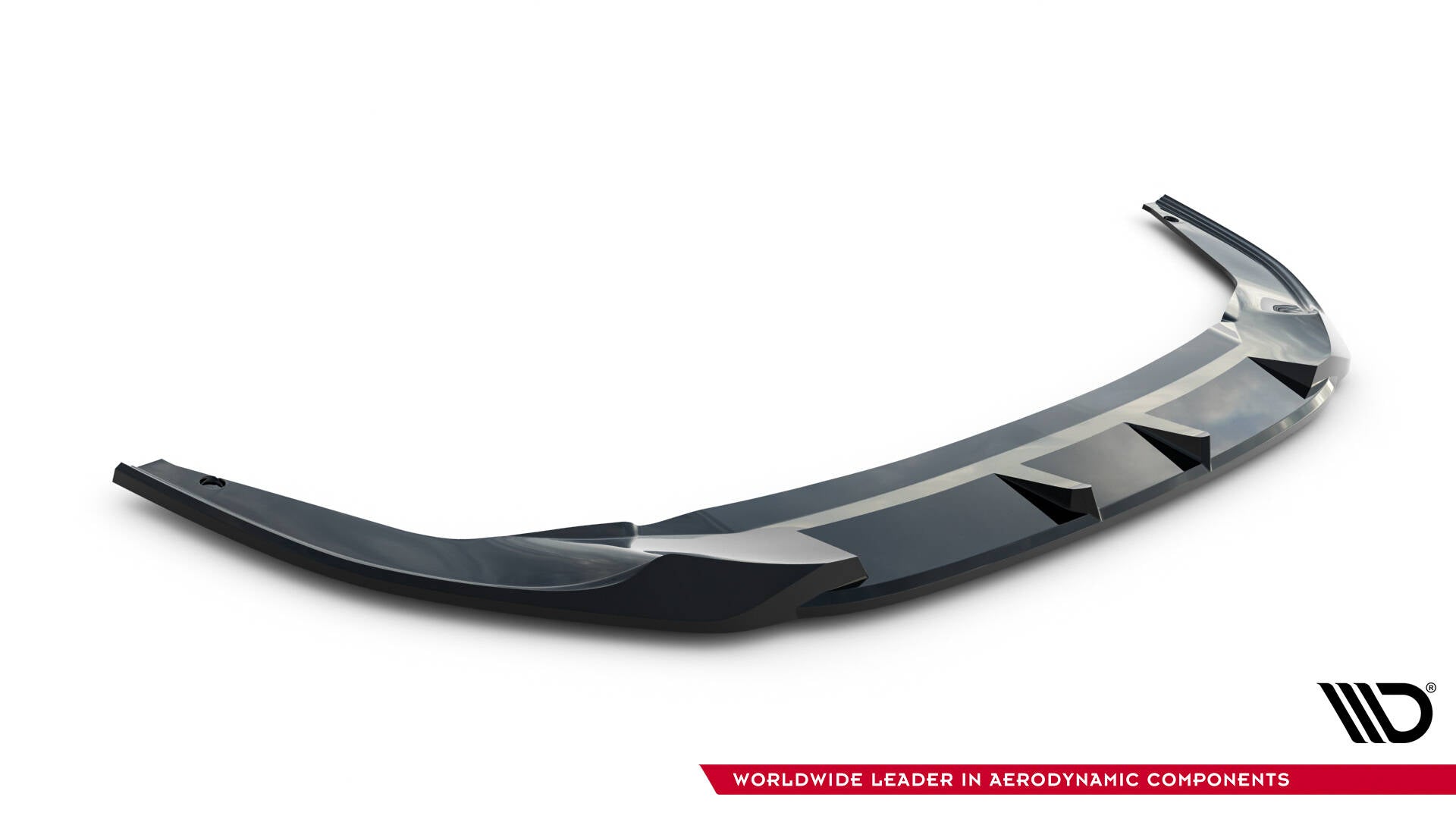 Front splitter for VW Golf GTI Clubsport MK8 Facelift V.1 med glanset sort finish og markerte luftkanaler.