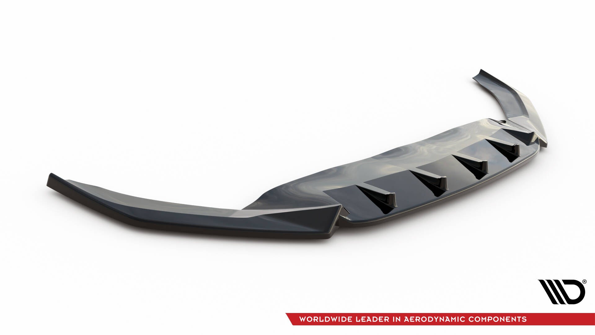 Front splitter til VW Passat B8 R-Line Facelift V.1 med vertikale finner, blank svart finish.
