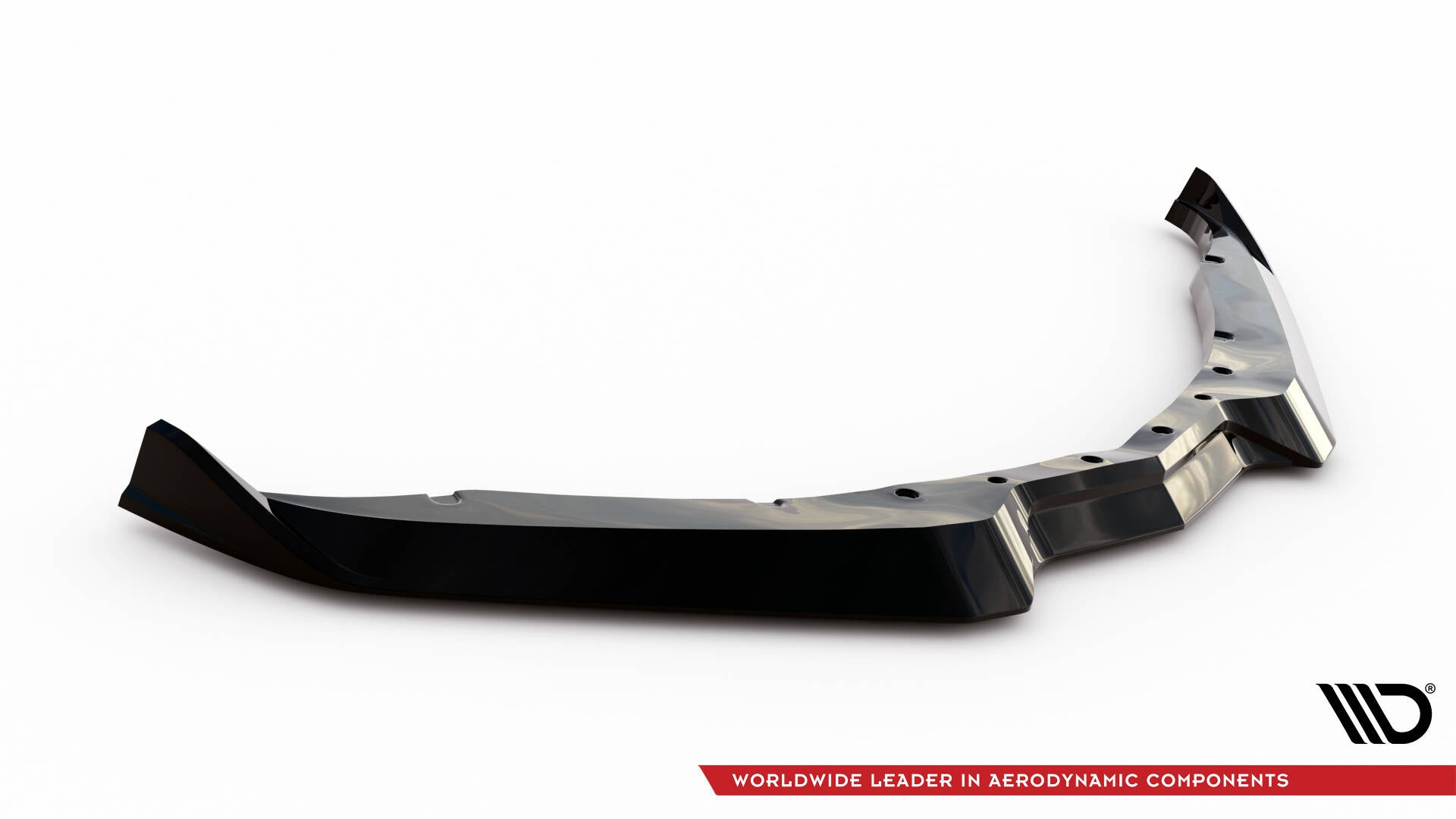 Front splitter til Chevrolet Corvette Stingray Z06 C7 V.2 i sort glanset plast, skrå kanter, hvit bakgrunn.