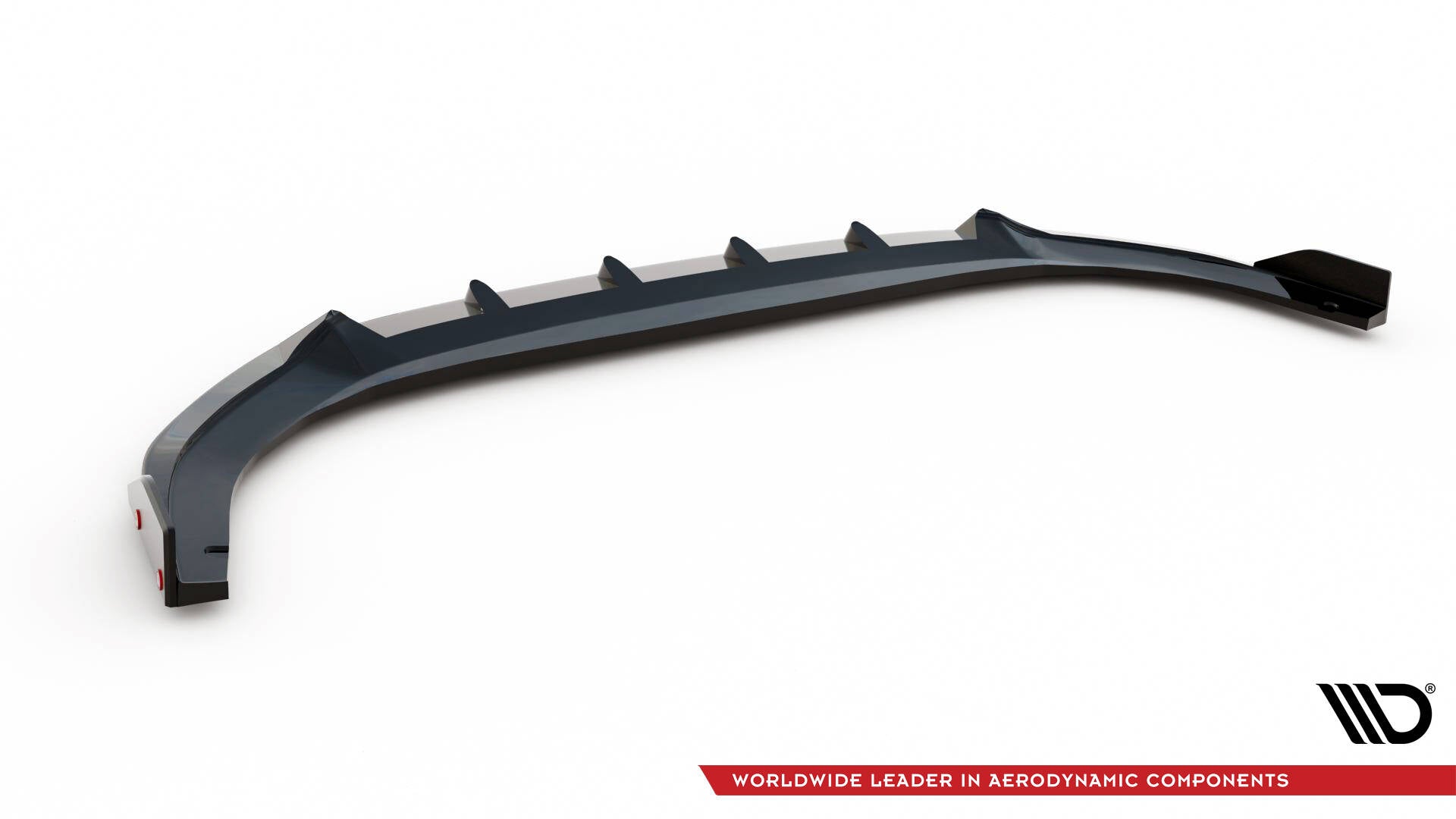 Front lip til VW Golf MK8 Facelift, svart med vertikale finner og glanset overflate mot hvit bakgrunn.