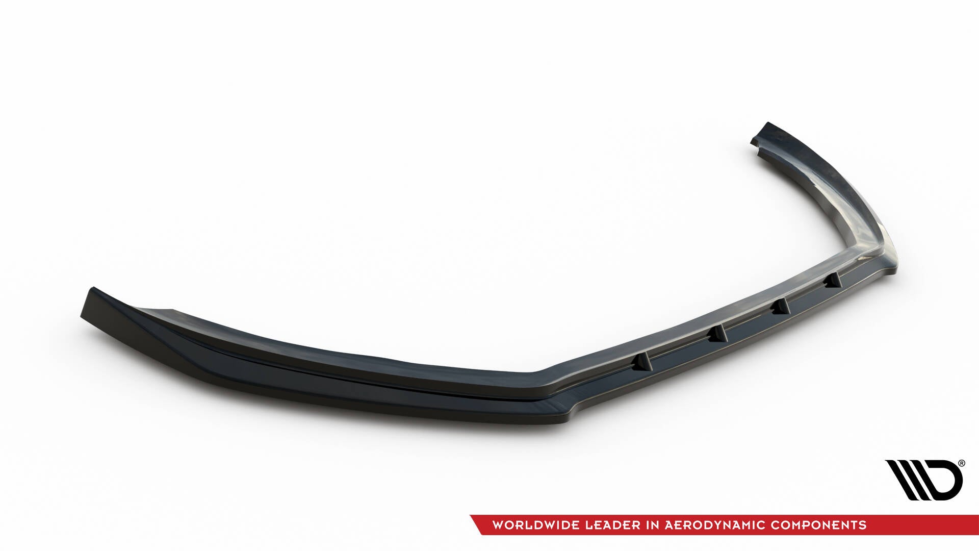 Front splitter for Ford Fiesta MK8 Facelift ST V.2 vist i vinkel, svart med diskrete profiler.
