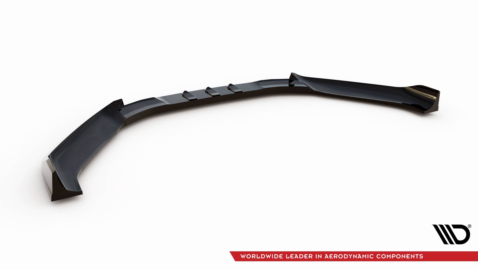 Front lip til Hyundai Veloster N MK2 V.2, svart spoiler med fire ribber sett skrått ovenfra.