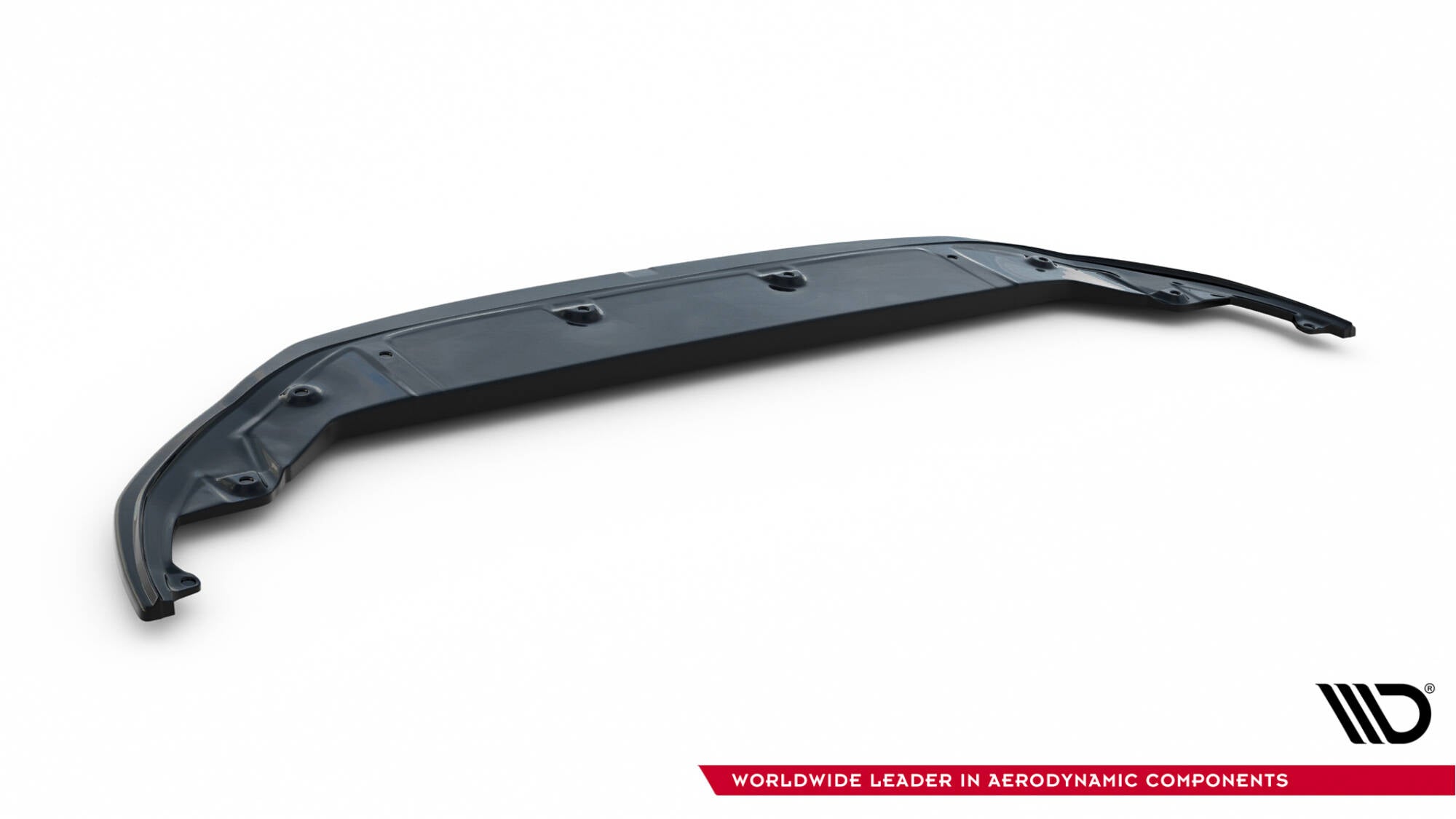 Front lip for Lexus LC 500 V.2, svart buet plast med monteringspunkter sett skrått ovenfra.