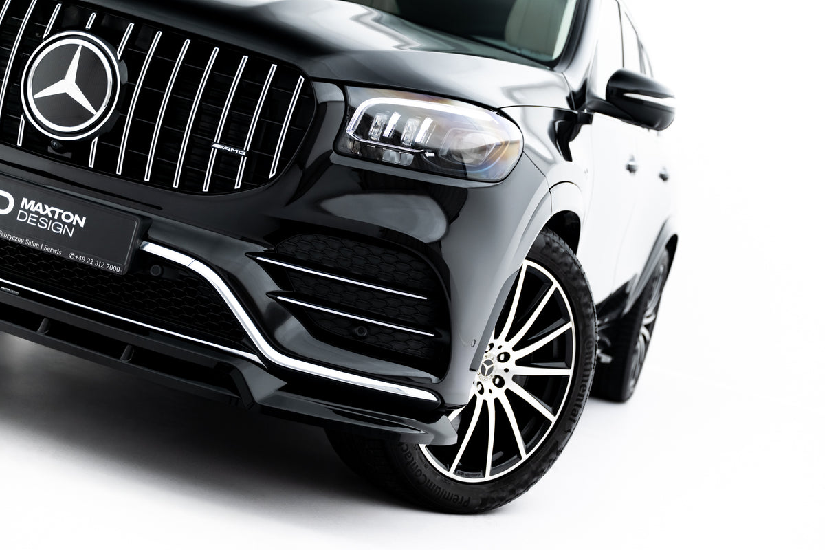 Nærbilde av frontsplitter for Mercedes GLS AMG-Line X167 i blank sort finish