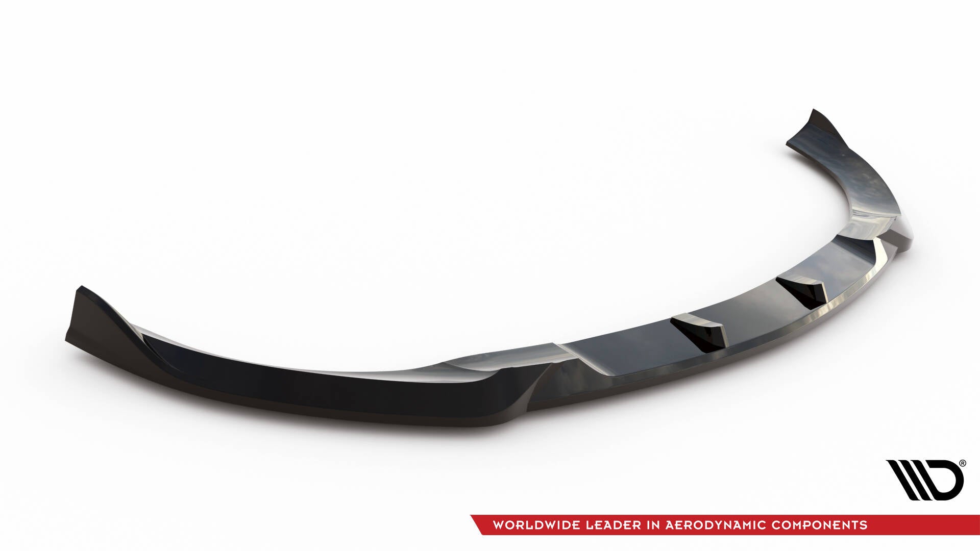 Front splitter Mercedes CLE AMG-Line C236 V.2 i sort glanset finish, sett skrått forfra mot hvit bakgrunn.