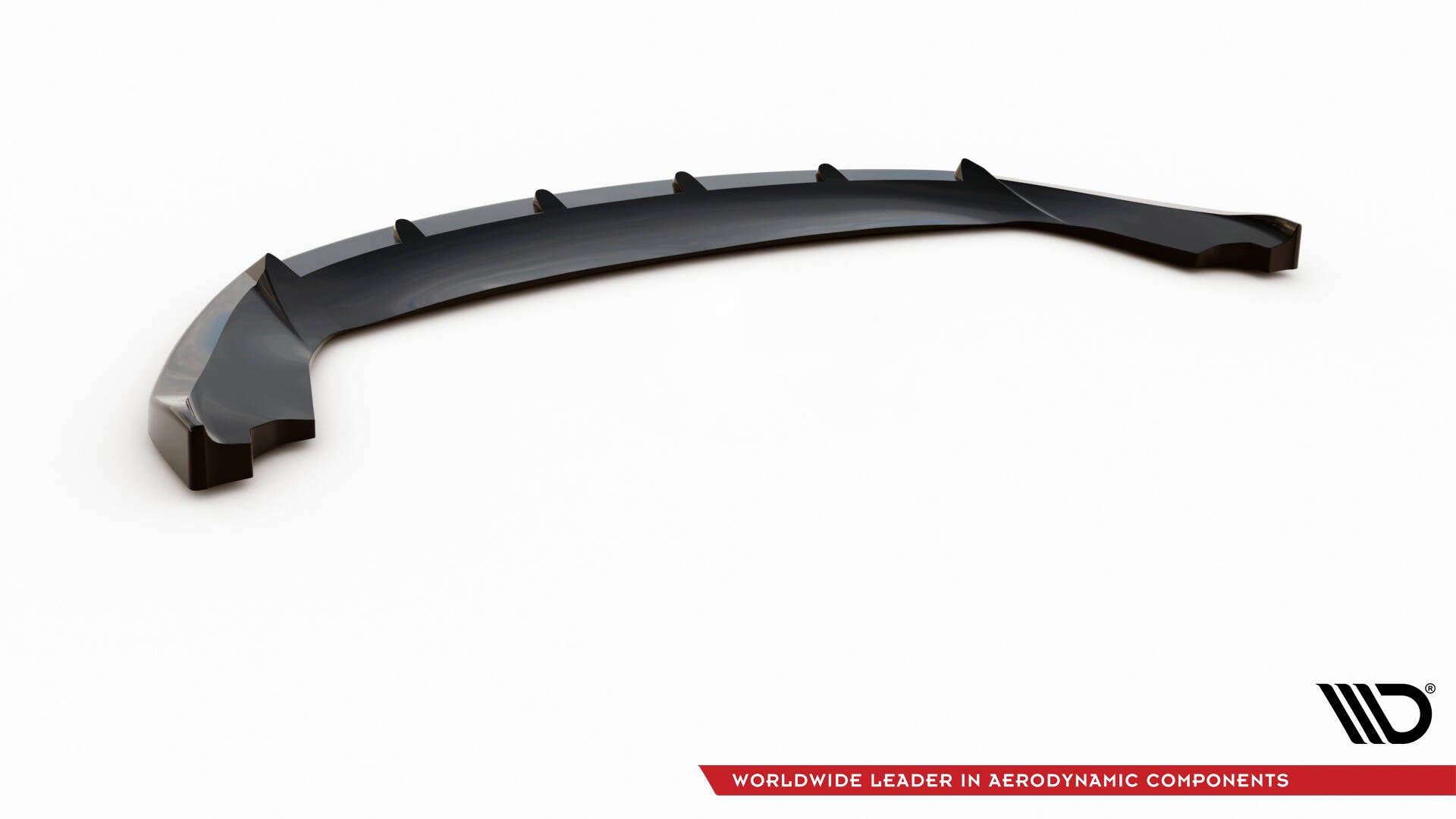 Front splitter Seat Ibiza FR SC MK4 Facelift V.2 i svart glanset plast med loddrette finner, sett skrått forfra.