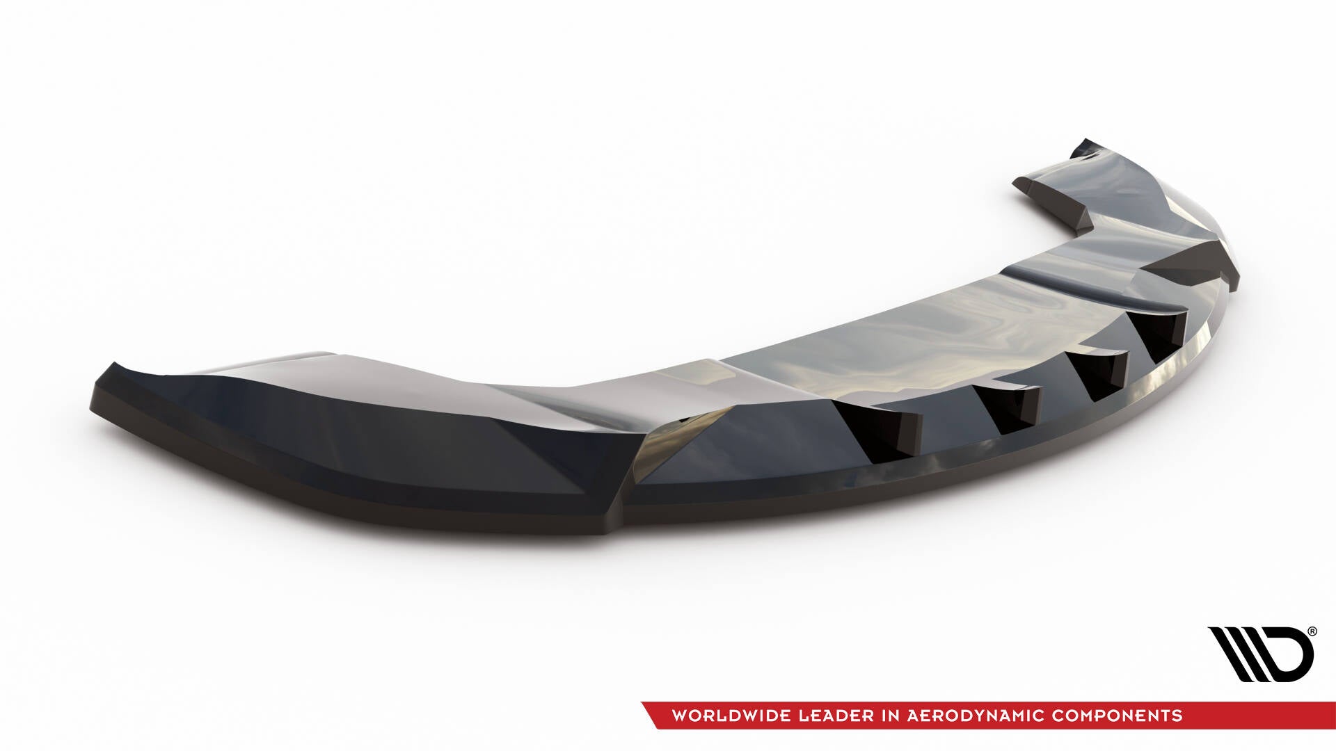Front splitter for Tesla Model X MK1 Facelift V.2 i sort glans med markerte vinkler og ribber.