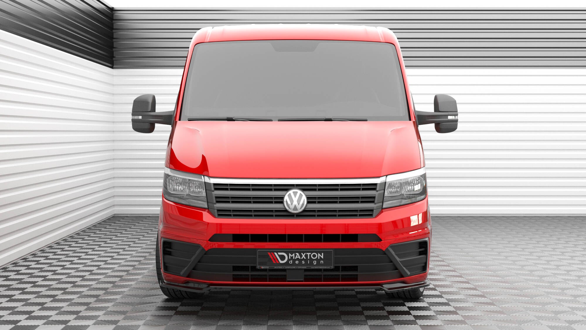 Frontleppe på VW Crafter MK2 V.2, rød varebil sett forfra med svart grill og VW-logo.